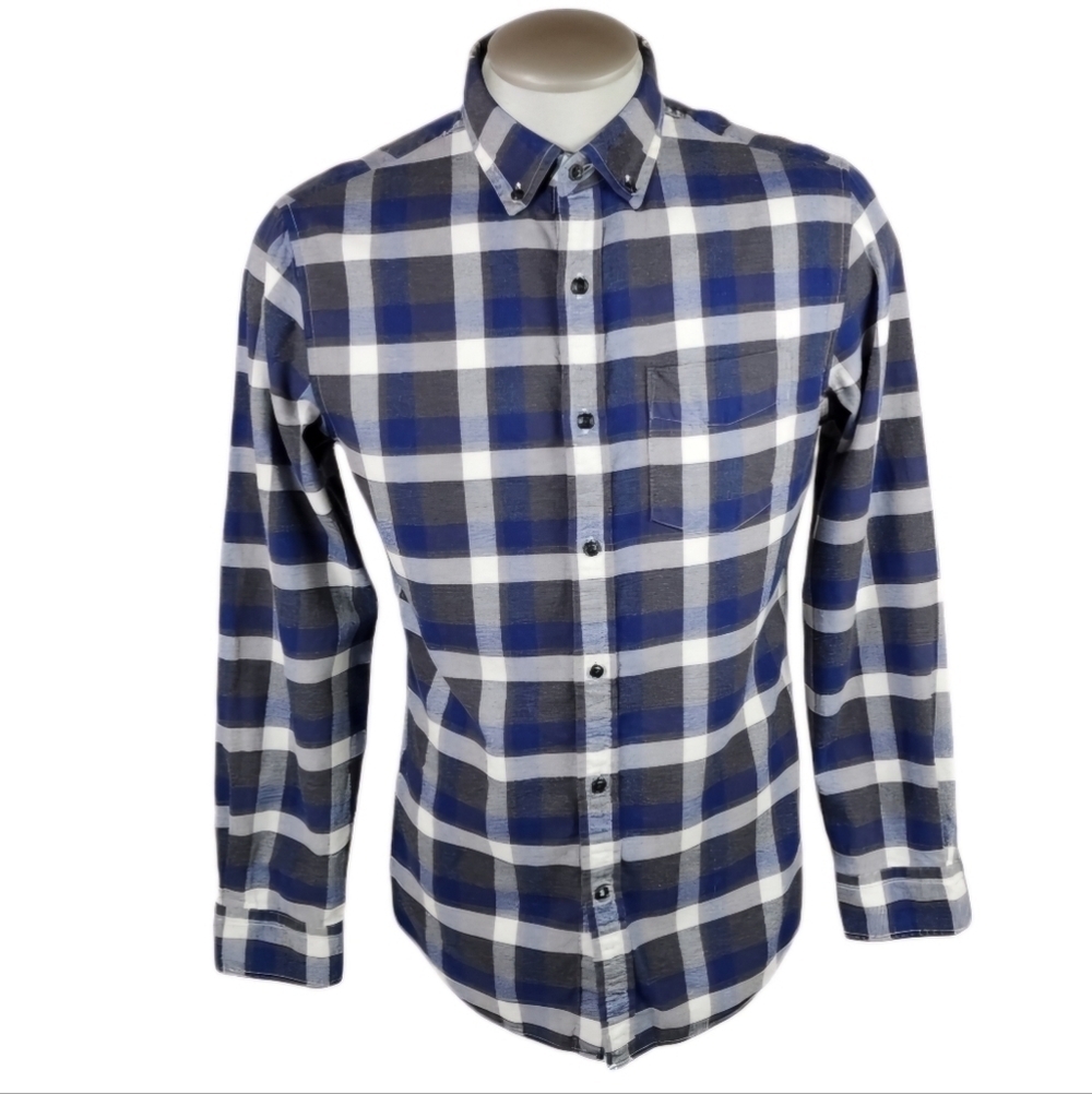 Banana Republic Slim Fit Luxe Cotton Flannel Plaid Button Up Shirt Blue Medium